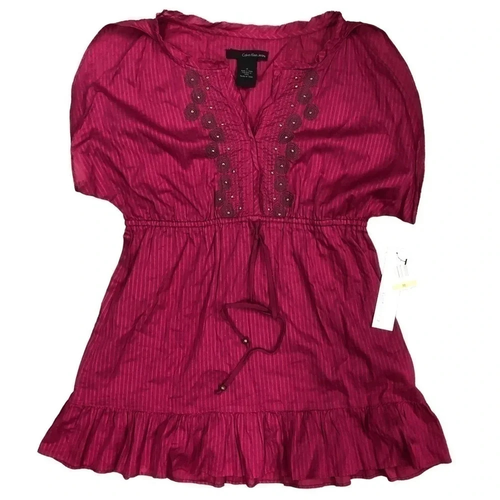 Calvin Klein Empire Waist Red Plum Top‎ Womens medium NWT Embroidered detail